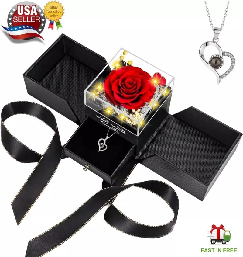 Gift box set with red preserved rose display and heart pendant necklace, black satin ribbon