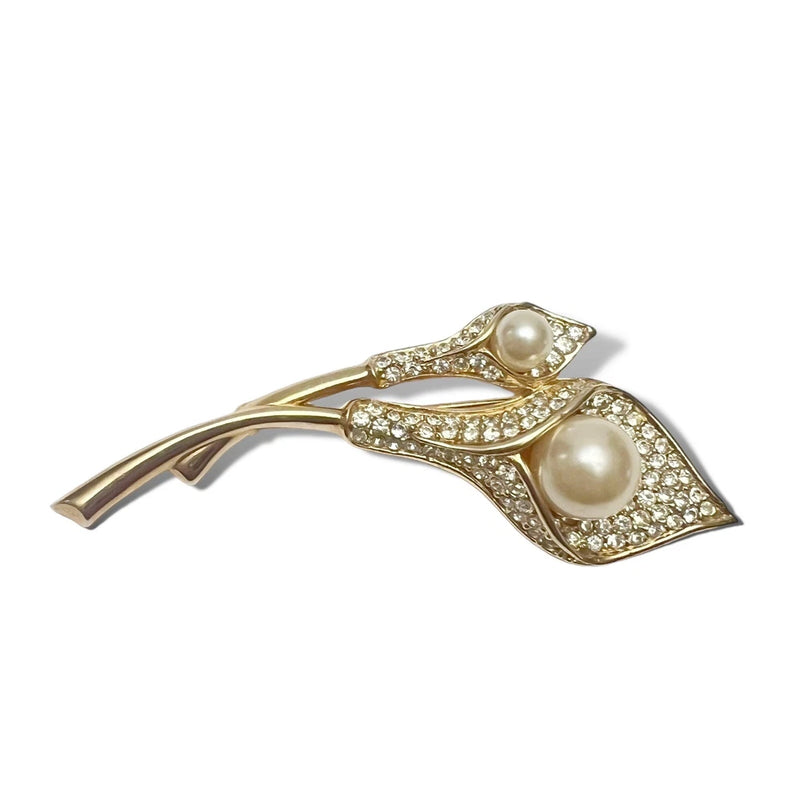 Vintage Calla Lily Goldtone Faux Pearl Rhinestone Brooch Pin Lily
