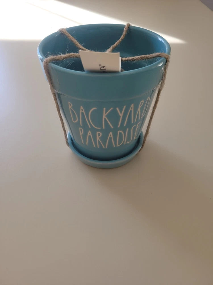 Rae Dunn by Magenta BACKYARD PARADISE Plant Pot Attached Tray Blue Garden Small Garden Plants
