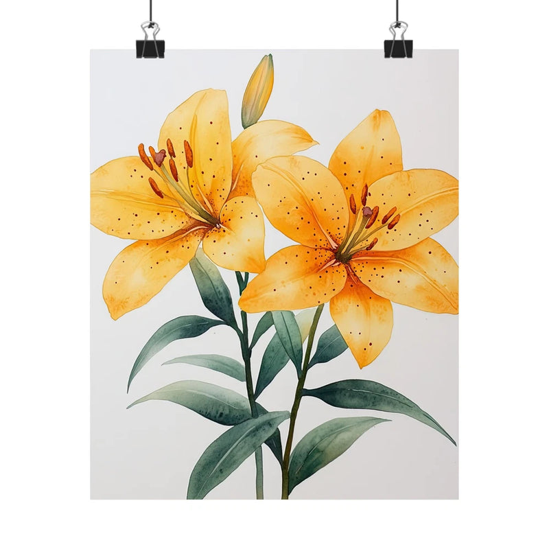 Yellow lily flower art print poster with green leaves, minimalist botanical design