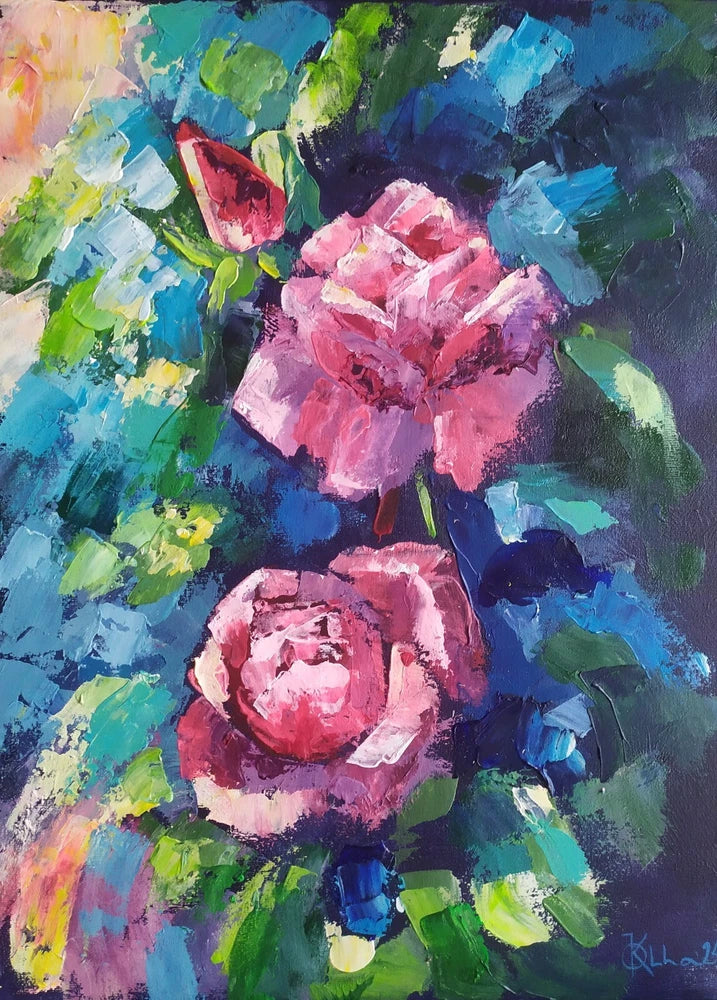 Handmade acrylic canvas painting with pink roses, colorful blue and green brushstrokes