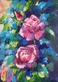acrylic painting on canvas handmade original art with pink roses in the garden Carnation