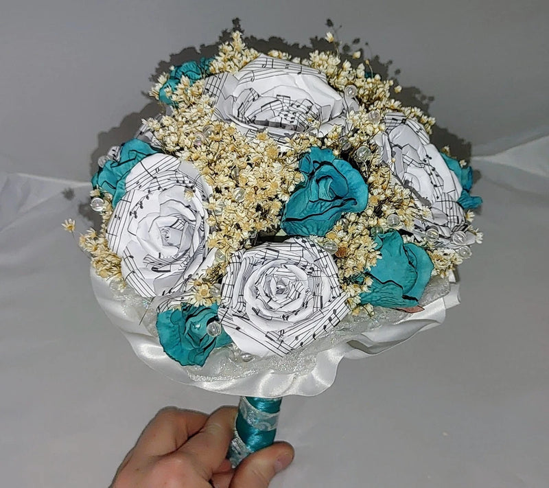 Musical Note Wedding Bridal Bouquet Roses Flowers White Teal RARE Bouquet