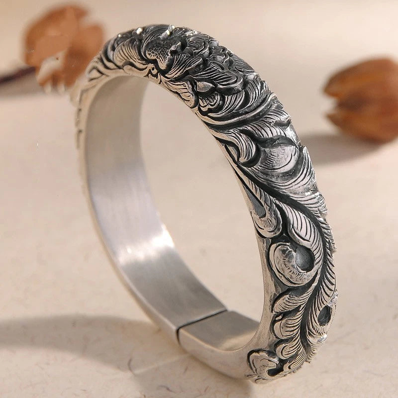 Silver-plated peony-engraved cuff bracelet with hinged opening
