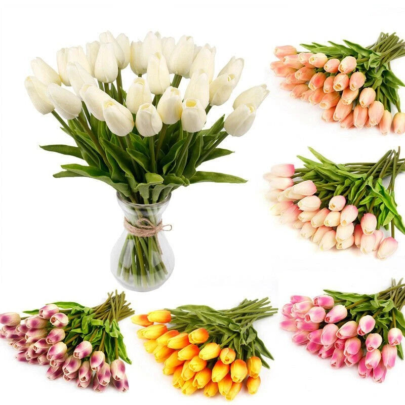 Artificial tulip flower bunches with stems, assorted white, peach, yellow, and pink blooms