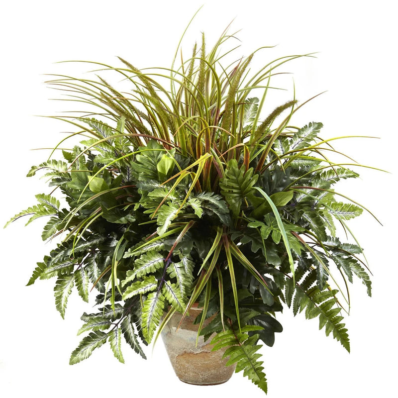 Mixed Greens & Grass Silk Plant w/ Ceramic Pot Green Plant