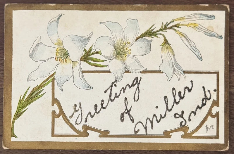 Glitter-embossed lily postcard greeting card with white flowers and gold cursive text