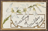 Glitter-embossed lily postcard greeting card with white flowers and gold cursive text