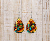 Bold Sunflowers Print Wood Dangle Teardrop Print Earrings Jewelry Sunflower
