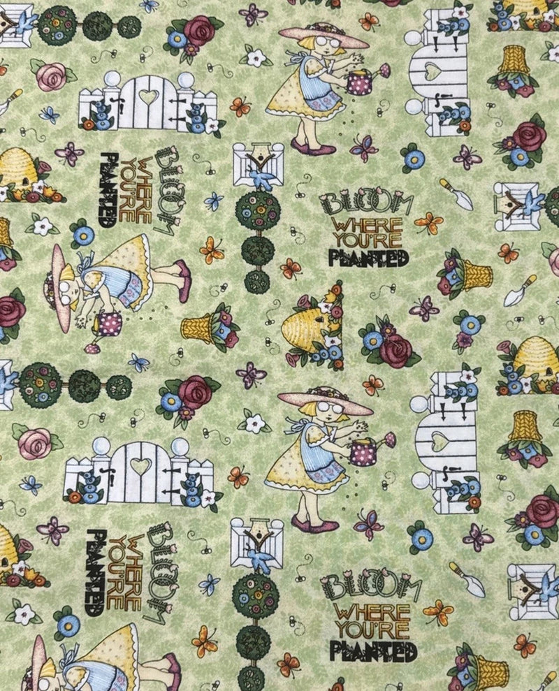 2001 Mary Engelbreit Green Bloom Where You're Planted Cotton Fabric BTHalf Y #20 Flowering Plants