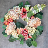 Spring Floral Wreath Peony Hydrangea Faux Flowers Green Plaid Bow 22" Hydrangea