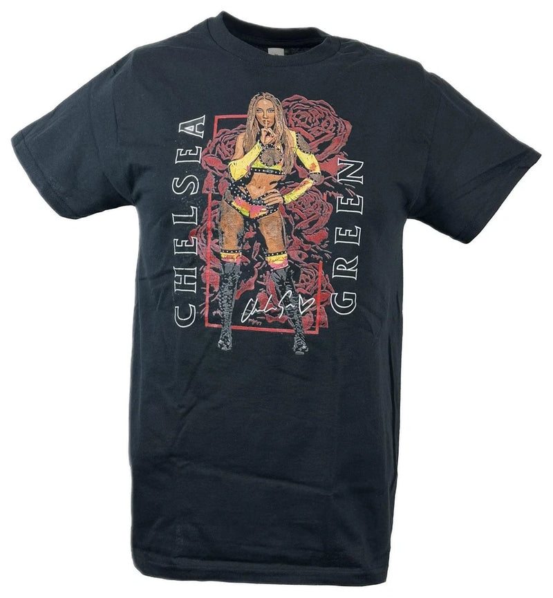 Black crewneck T-shirt with red rose graphic print on front, short sleeves