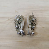 Vintage Cora Flower Clip Earrings Sunflower Silver Tone Costume Sunflower