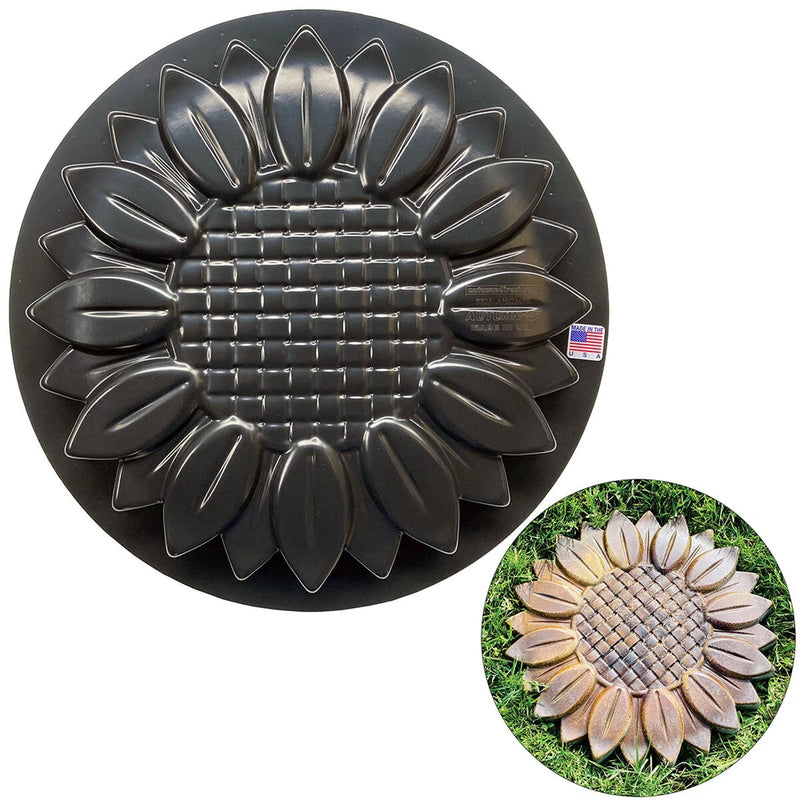 Sunflower stepping stone mold, round black panel with raised petals and square center grid