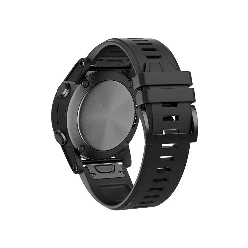 Black 22mm silicone watch band with adjustable clasp and multiple strap holes
