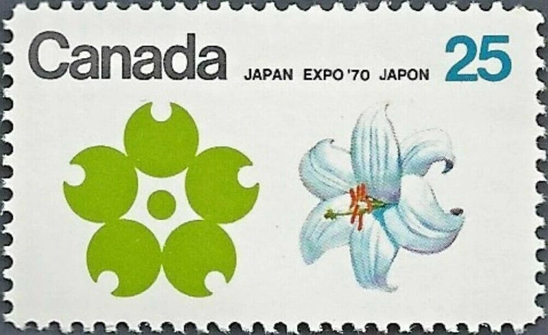 Canada postage stamp, 25 value, green flower emblem and blue lily graphic