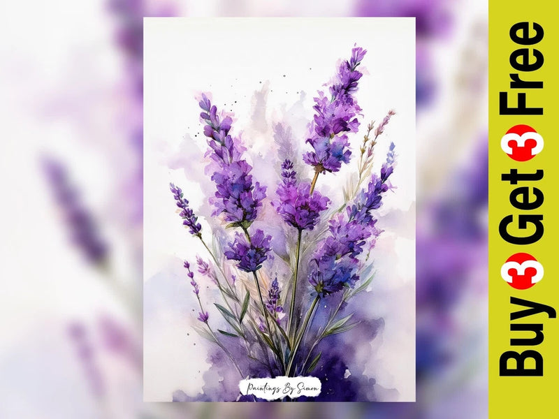 Blooming Lavender Flowers, Watercolor Painting Print 5"x7" on Matte Paper Bouquet