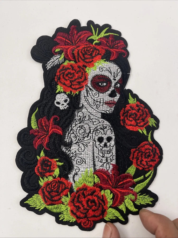 Embroidered Day of the Dead rose patch with skull woman face and red flowers