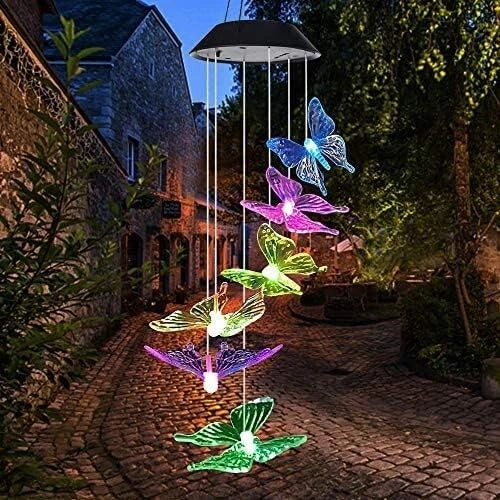 Solar-powered LED wind chime with hanging butterfly ornaments and color-changing lights