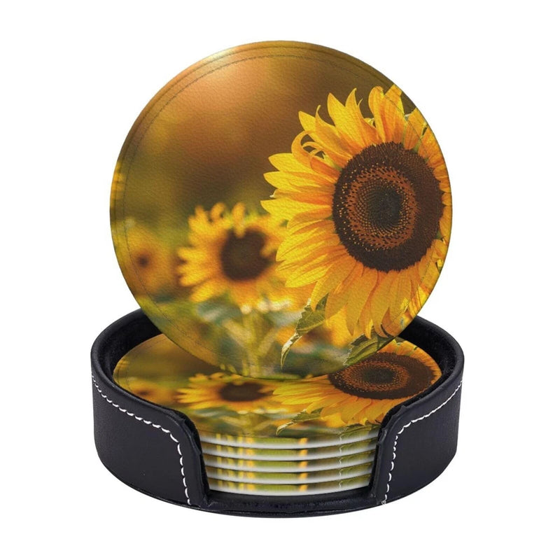 Sunflower leather coasters, set of 6, round black edge with yellow sunflower print