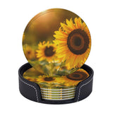 Autumn Sunflowers Leather Coasters, Yellow Flower Grass Coaster Set of 6 with... Sunflower