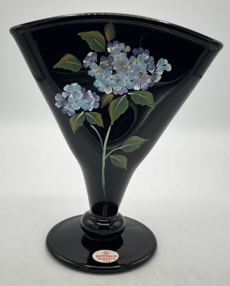Fenton Art Glass Hand Painted Blue Hydrangeas Black Glass Fan Vase 8.5Ó Signed Hydrangea