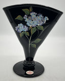 Fenton Art Glass Hand Painted Blue Hydrangeas Black Glass Fan Vase 8.5Ó Signed Hydrangea