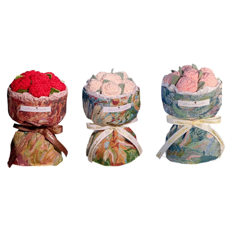 Woven flower bouquet with crocheted artificial blooms, wrapped fabric bundles with ribbon ties