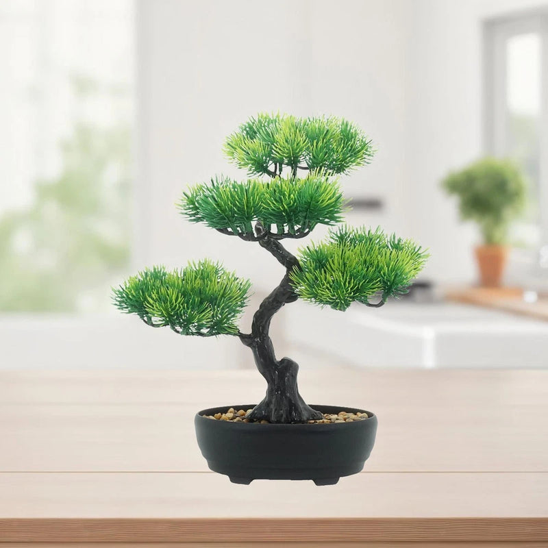 Artificial bonsai tree with green foliage and a dark pot, multi-branch design