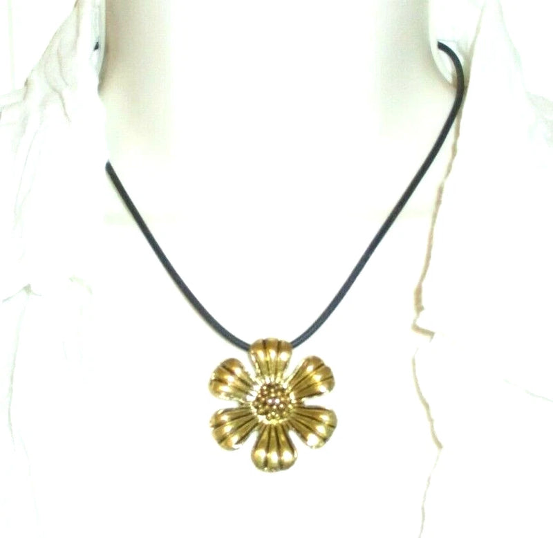 1-1/4" Gold Tone Embossed Sunflower Pendant w/16" Silkies Stretch Cord, NEW Sunflower