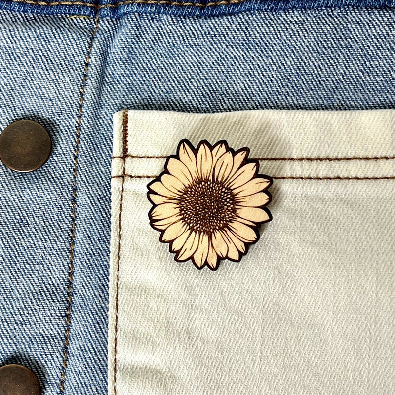 Handmade Engraved Wooden Sunflower Pin Sunflower