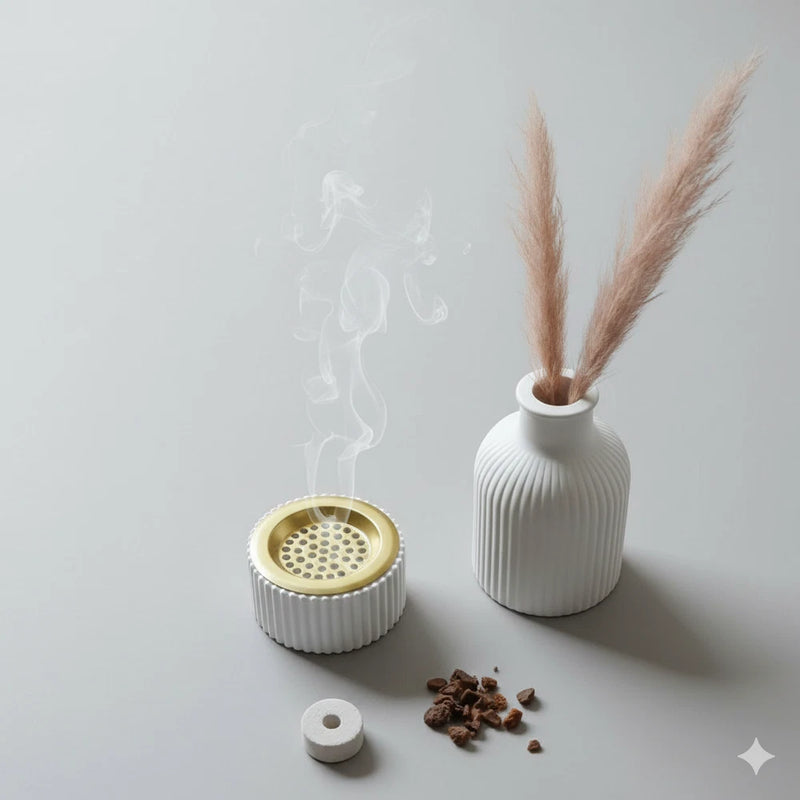 3-Pcs Ramadan Decor Set: Ribbed Incense Burner, Vase & Faux Pampas Grass Pampas Grass