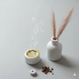 3-Pcs Ramadan Decor Set: Ribbed Incense Burner, Vase & Faux Pampas Grass Pampas Grass