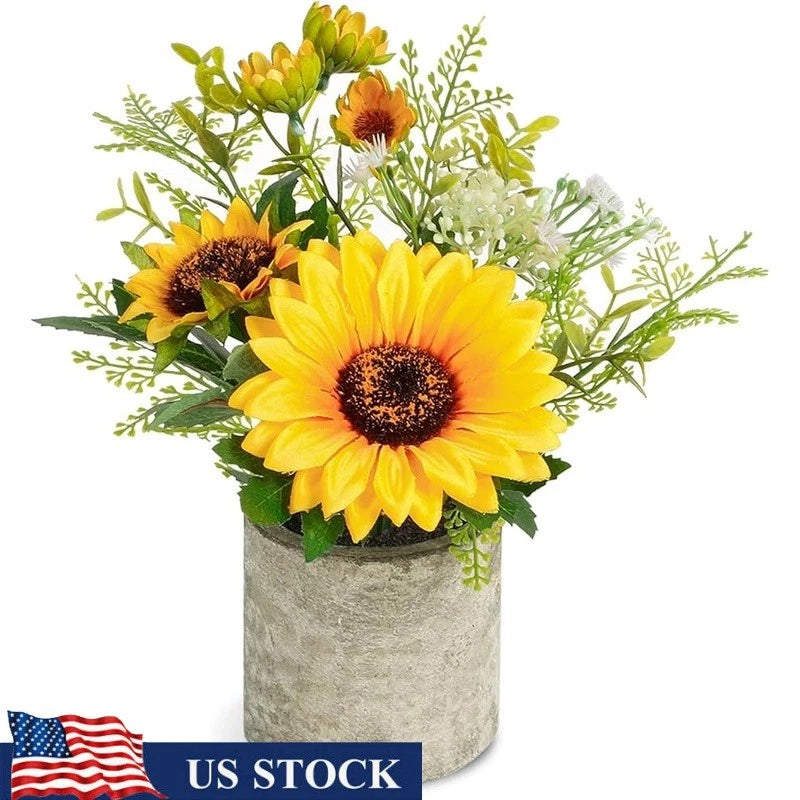 Artificial sunflower pot with eucalyptus leaves, gray planter and yellow blooms with dark centers
