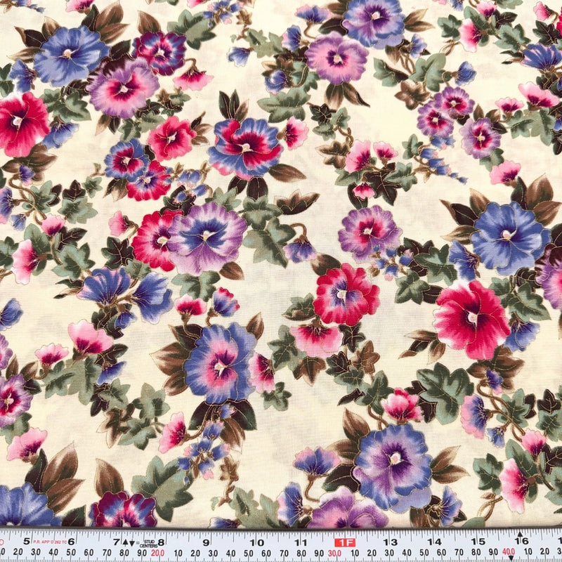 Pansy Garden by Marcus Brothers Textiles Metallic Cream Cotton by the HALF YARD Flowering Plants