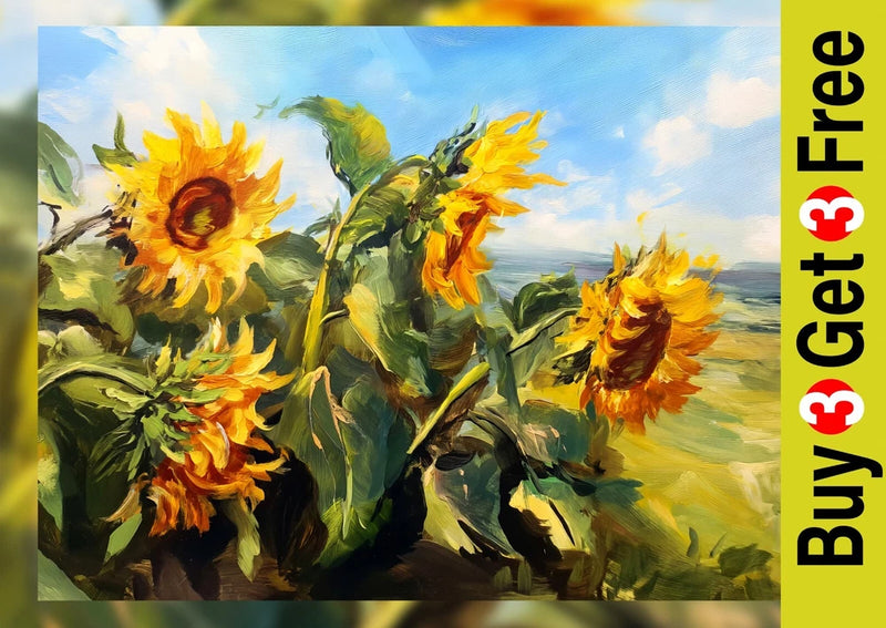 Golden Sunflower Field Energy 5"x7" Print on Matte Paper | Expressive Oil Floral Sunflower