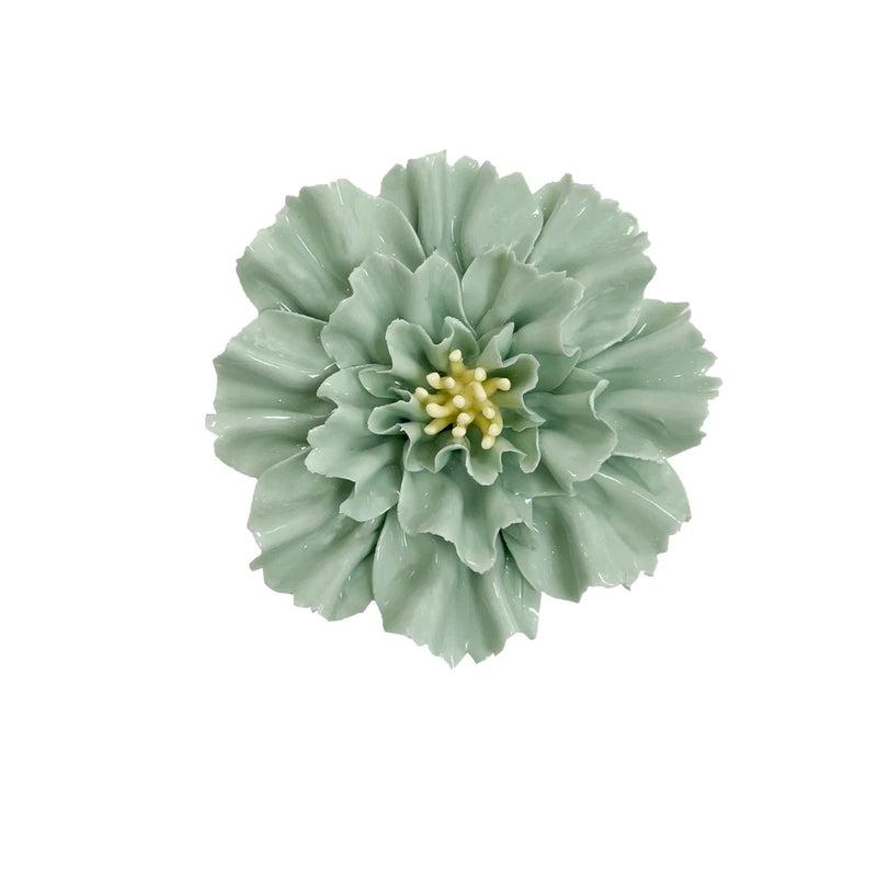 3D handmade porcelain carnation wall flower, mint green petals with pale yellow center