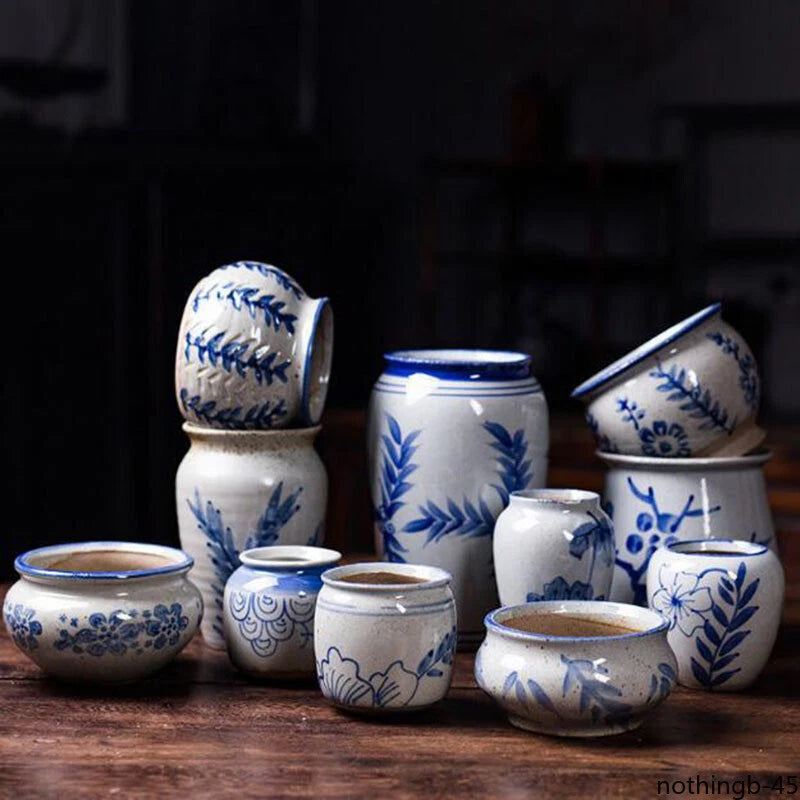 Blue and white ceramic succulent plant pots with patterned designs