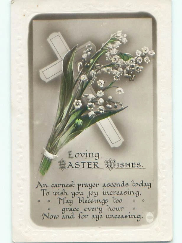 Vintage Easter cross postcard with lily of the valley flowers