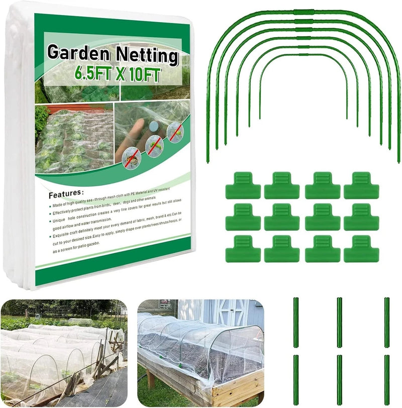 Garden Netting Kit 6.5x10 ft Ultra Fine Mesh with 6pcs Hoops & 12 Clips New Garden Plants
