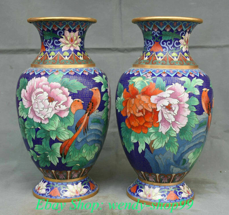 Cloisonne pair of blue floral bird vases with multicolor peony and gilt rims