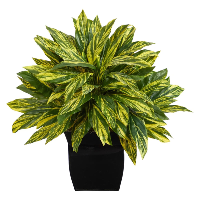 Artificial Tradescantia plant with green striped leaves in a black metal planter