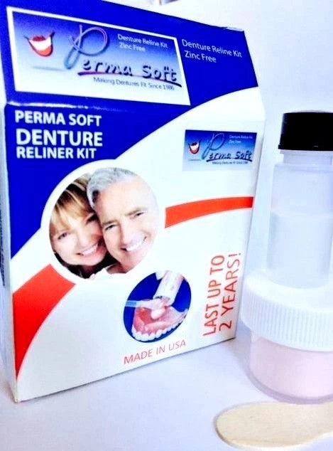 Perma Soft denture reliner kit with box packaging and white reliner tube/jar