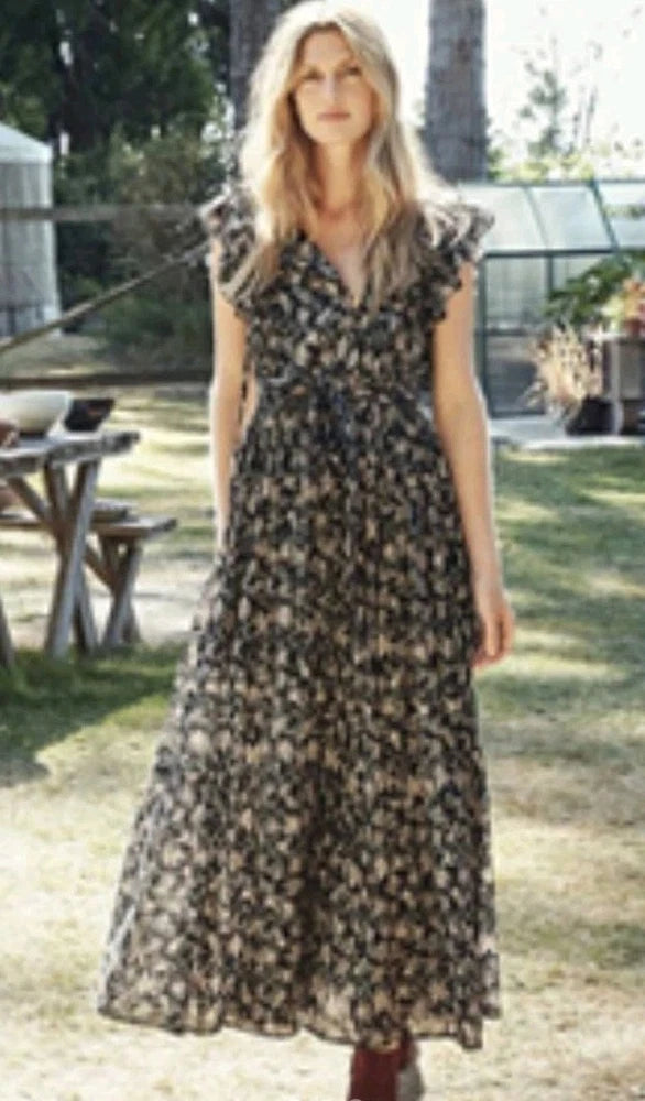 Black floral cotton midi dress with ruffled shoulders and button front