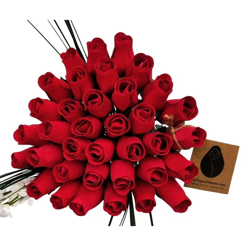 Red rose bouquet with red rose-shaped blooms and kraft gift tag