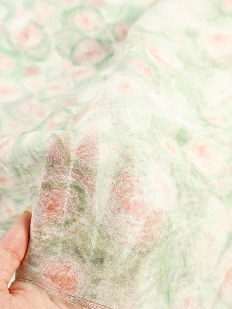 Green Pink Peony Flower Print Lace Fabric Blooming Dress Fabric for Sewing Peony