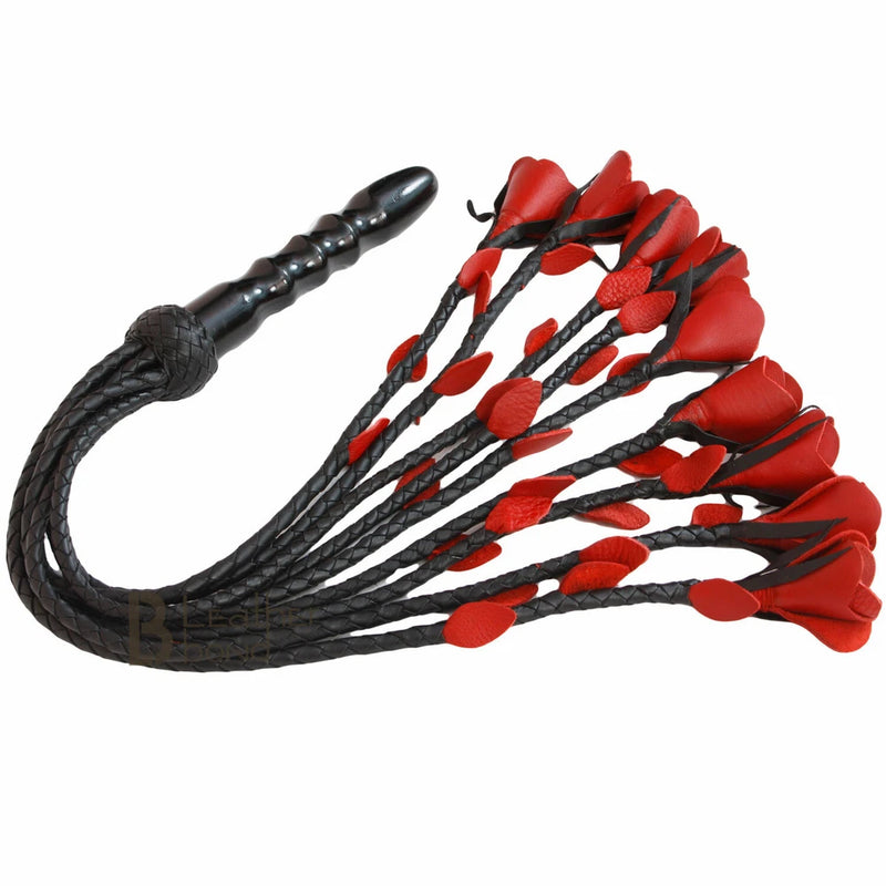 Leather braided flogger with red rose-like braided tips and black handle