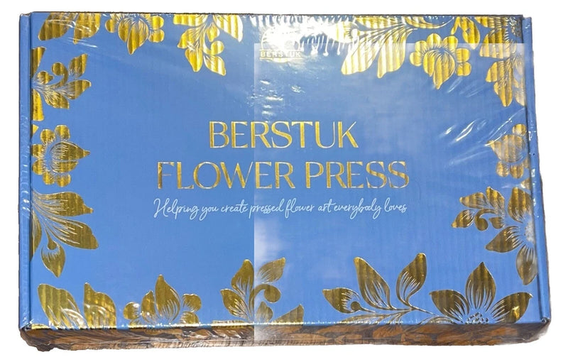 BERSTUK miniature flower press kit box, blue cover with gold botanical pattern