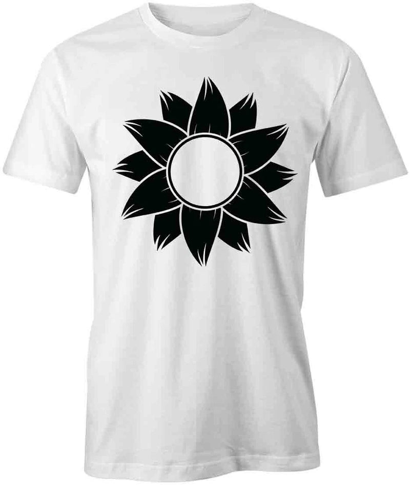 White cotton T-shirt with black sunflower graphic on the front