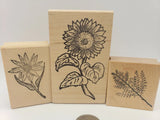 Set of 3 Rubber Stamp Garden Flowers Sunflower Leaf Leaves Sunflower